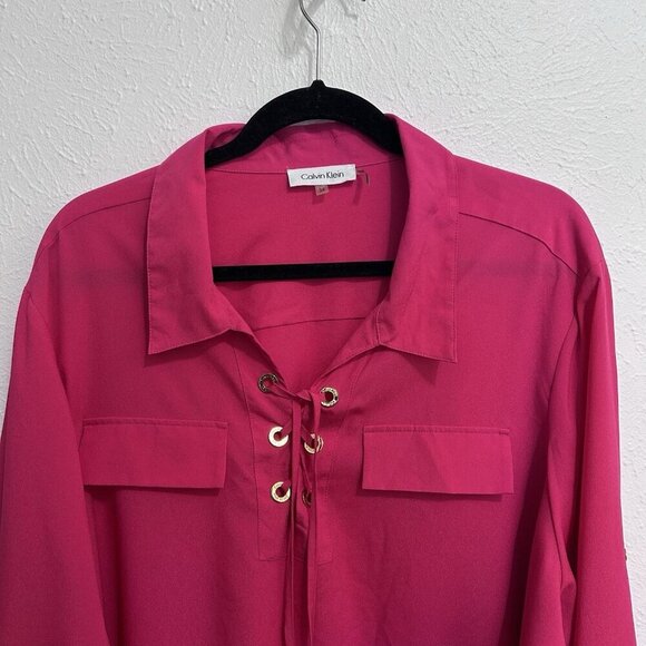 Calvin Klein Fuchsia Chiffon Blouse Pink Tassel Collared Neck Roll Tab Sleeve 3X - Picture 2 of 10